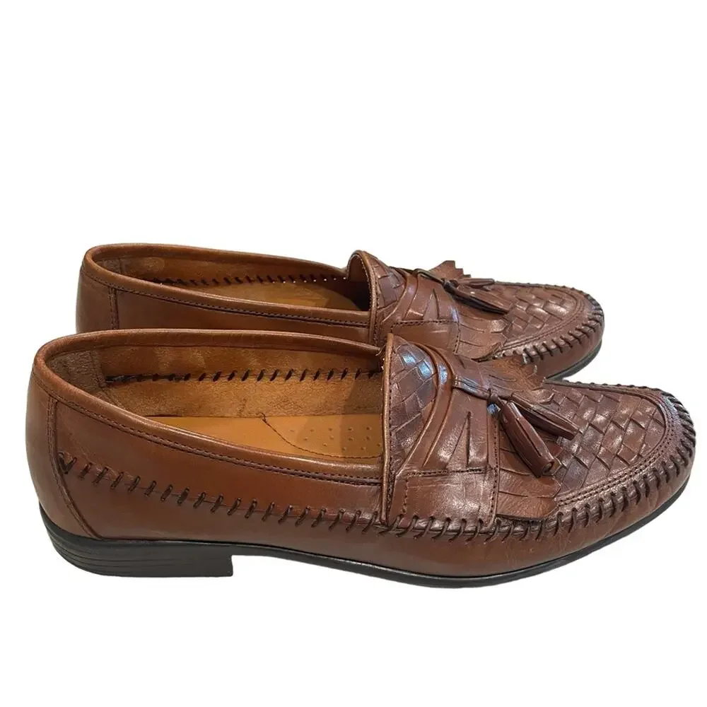Hush Puppies Brown Leather San Remo Woven Tasseled Slip on Dress Shoes Size 9.5M